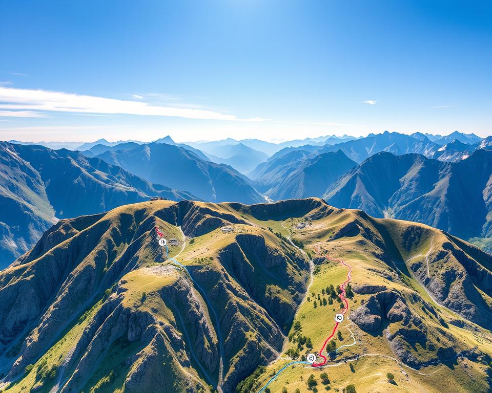 A detailed and vibrant topographic map of Durmitor National Park, showcasing its diverse regions and prominent hotspots. In the foreground, highlight key landmarks such as the Tara River Canyon and Mount Durmitor, clearly marked with icons. The middle layer should feature hiking trails connecting these locations, illustrated with dotted lines and varying trail difficulty levels. The background displays the park's stunning mountainous terrain under a clear blue sky, with soft sunlight casting gentle shadows on the peaks. Use a wide-angle perspective to capture the expansive beauty of the landscape, evoking a sense of adventure and exploration. The overall atmosphere should inspire excitement and curiosity about the park's natural treasures, making it an ideal fit for an informative piece.