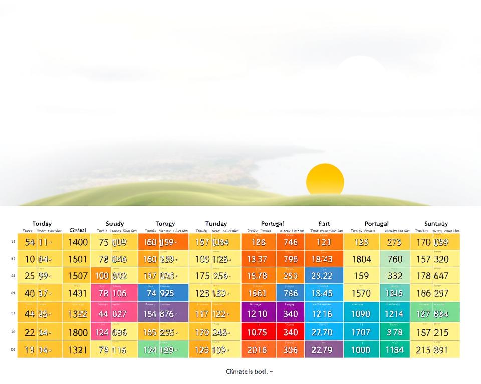 A detailed and visually engaging climate table of Portugal displaying monthly weather data in a clear, organized layout. The foreground features a colorful grid with distinct squares for each month, showcasing temperature, precipitation, and sunshine hours, using warm and cool color palettes. In the middle, a stylized representation of Portugal's landscape, with rolling hills, the coastline, and icons like sun and raindrops to signify weather variations. The background should depict a soft, overcast sky or a sunny horizon, creating a serene atmosphere. Use soft, natural lighting to enhance the colors and details, with an angle that provides depth and draws the viewer's attention to the climate table as the focal point. A detailed and visually engaging climate table of Portugal displaying monthly weather data in a clear, organized layout. The foreground features a colorful grid with distinct squares for each month, showcasing temperature, precipitation, and sunshine hours, using warm and cool color palettes. In the middle, a stylized representation of Portugal's landscape, with rolling hills, the coastline, and icons like sun and raindrops to signify weather variations. The background should depict a soft, overcast sky or a sunny horizon, creating a serene atmosphere. Use soft, natural lighting to enhance the colors and details, with an angle that provides depth and draws the viewer's attention to the climate table as the focal point.