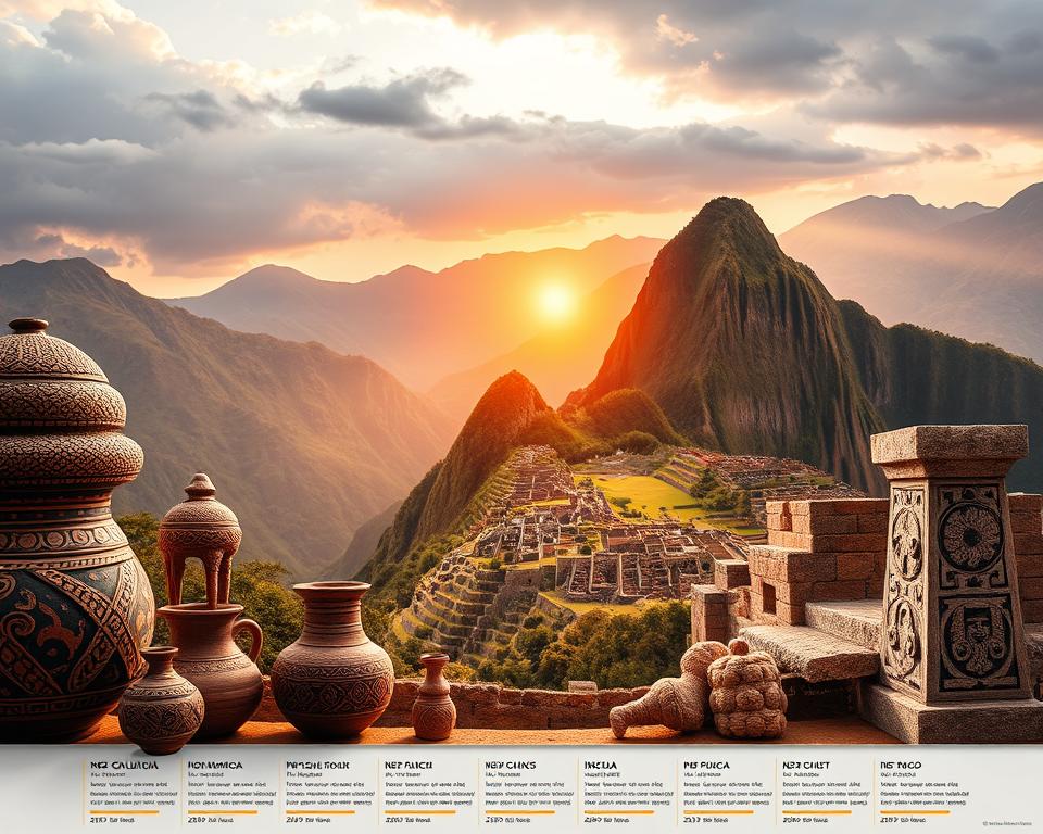 A detailed and visually engaging timeline of pre-Columbian civilizations in Peru, featuring distinct cultural epochs such as the Moche, Nazca, and Inca. In the foreground, display intricate pottery and textiles representing each culture's artistry. The middle ground should depict a stylized representation of key geographical regions, showing mountains, rivers, and cities like Cusco and Machu Picchu. In the background, incorporate a soft, atmospheric sunset casting warm light over the Andes. Use a perspective that highlights depth and layers, feeling historical yet dynamic. The mood should evoke a sense of discovery and reverence for ancient cultures, with a focus on rich colors and textures that invite the viewer to explore Peru's rich heritage.