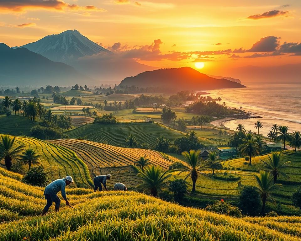 A detailed and vivid landscape illustrating the climatic differences in India, focusing on three distinct regions: the snow-capped mountains of North India, the lush greenery and rice paddies of South India, and the vibrant beaches of the Eastern coast. In the foreground, depict farmers in modest clothing tending to fields, symbolizing the agricultural diversity. The middle ground should transition from the mountains to rolling hills with tropical foliage, while the background should fade into a dramatic sunset, casting warm hues over the scenery. Use soft, golden lighting to create a serene yet vibrant atmosphere, emphasizing the richness of the landscape. Capture this image from a slightly elevated angle to provide an expansive view that showcases the beauty of each region within a harmonious composition.