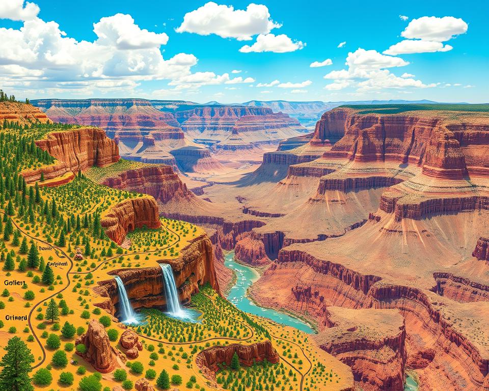 A detailed, artistic map of the Grand Canyon National Park, highlighting the location of a stunning waterfall. In the foreground, include a vibrant and intricate illustration of the park's features, such as trails, landmarks, and the winding Colorado River. The middle layer should consist of lush vegetation and rocky outcrops typical of the canyon, emphasizing the diverse flora. In the background, portray the expansive canyon with its multi-colored rock layers under a bright blue sky accented by fluffy white clouds, capturing the natural beauty of this wonder. Use warm, inviting sunlight to illuminate the scene, creating a serene and inspiring atmosphere. The composition should be well-balanced, providing clarity and depth, making it easy for viewers to identify key locations and routes. A detailed, artistic map of the Grand Canyon National Park, highlighting the location of a stunning waterfall. In the foreground, include a vibrant and intricate illustration of the park's features, such as trails, landmarks, and the winding Colorado River. The middle layer should consist of lush vegetation and rocky outcrops typical of the canyon, emphasizing the diverse flora. In the background, portray the expansive canyon with its multi-colored rock layers under a bright blue sky accented by fluffy white clouds, capturing the natural beauty of this wonder. Use warm, inviting sunlight to illuminate the scene, creating a serene and inspiring atmosphere. The composition should be well-balanced, providing clarity and depth, making it easy for viewers to identify key locations and routes.