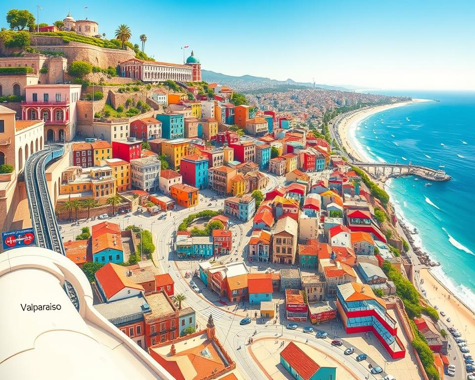 A detailed city map of Valparaíso, Chile, illustrated in a vibrant and colorful style. In the foreground, the map features key landmarks like the iconic Ascensor Concepción, the bustling Plaza Sotomayor, and famous street murals. In the middle, there are winding streets and colorful houses clinging to the hillsides, showcasing the city's unique geography. The background presents the Pacific Ocean gently lapping against the shore under a bright blue sky. The mood conveys a sense of exploration and discovery, with a warm, inviting atmosphere. The lighting is bright and cheerful, enhancing the colors of the buildings and surroundings, evoking the lively spirit of Valparaíso. Captured at a top-down angle, focusing on details that make navigating this picturesque city easier for visitors.