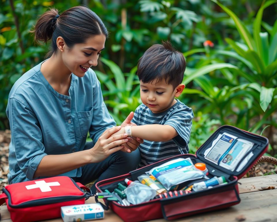 A detailed first aid scene illustrating "First Aid for Animal Bites and Stings" set in a natural environment. In the foreground, a gentle, professional-looking individual in modest casual clothing is attentively applying a bandage to a child's arm, who looks concerned yet calm. The middle ground features a first aid kit open with various medical supplies clearly visible, emphasizing the theme of emergency care. In the background, depict lush Thai greenery and a hint of wild animals like a snake or an insect, subtly indicating the dangerous wildlife context without being alarming. Use soft, natural lighting to create a reassuring atmosphere, with a focus on the expressions of care and concern. The angle should be slightly above eye level, giving a comprehensive view of both the first aid scene and the serene yet cautionary environment. A detailed first aid scene illustrating "First Aid for Animal Bites and Stings" set in a natural environment. In the foreground, a gentle, professional-looking individual in modest casual clothing is attentively applying a bandage to a child's arm, who looks concerned yet calm. The middle ground features a first aid kit open with various medical supplies clearly visible, emphasizing the theme of emergency care. In the background, depict lush Thai greenery and a hint of wild animals like a snake or an insect, subtly indicating the dangerous wildlife context without being alarming. Use soft, natural lighting to create a reassuring atmosphere, with a focus on the expressions of care and concern. The angle should be slightly above eye level, giving a comprehensive view of both the first aid scene and the serene yet cautionary environment.
