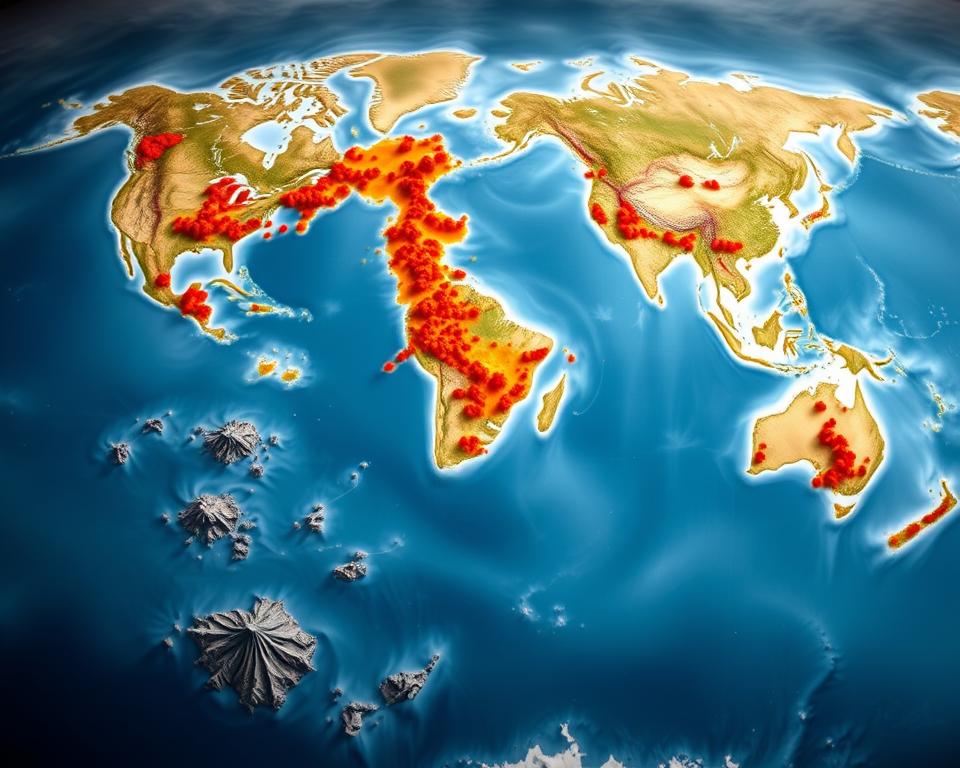 A detailed global map illustrating the distribution of active volcanoes, showcasing clusters in vibrant shades of red, orange, and yellow to indicate areas of volcanic activity. The foreground features a stylized representation of the Pacific Ring of Fire, with prominent volcanoes marked clearly. In the middle ground, incorporate a variety of landscapes such as mountain ranges, ocean areas, and island chains, with small, identifiable labels for a few key volcanoes. The background should depict a deep blue ocean and green landmasses with subtle textures to enhance realism. Use soft, natural lighting to create a scientific yet engaging atmosphere, with a slight tilt for a dynamic perspective. The overall mood should be informative and visually striking. A detailed global map illustrating the distribution of active volcanoes, showcasing clusters in vibrant shades of red, orange, and yellow to indicate areas of volcanic activity. The foreground features a stylized representation of the Pacific Ring of Fire, with prominent volcanoes marked clearly. In the middle ground, incorporate a variety of landscapes such as mountain ranges, ocean areas, and island chains, with small, identifiable labels for a few key volcanoes. The background should depict a deep blue ocean and green landmasses with subtle textures to enhance realism. Use soft, natural lighting to create a scientific yet engaging atmosphere, with a slight tilt for a dynamic perspective. The overall mood should be informative and visually striking.