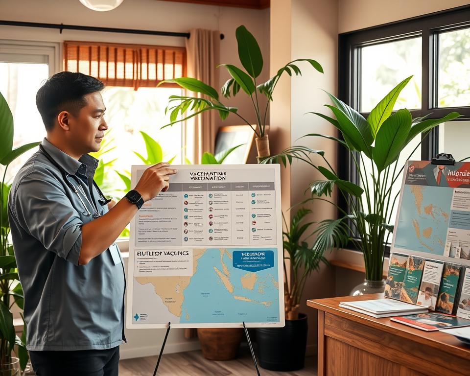 A detailed healthcare setting in Indonesia, showcasing a friendly health professional discussing vaccination recommendations. In the foreground, a medical expert dressed in smart casual attire, conveying approachability, points to a chart detailing specific vaccines suitable for travelers. The middle ground features a well-organized workspace with informative brochures and a map of Indonesia highlighting key travel destinations. In the background, tropical plants and traditional Indonesian architecture create a warm, inviting atmosphere. Bright, natural lighting filters through a nearby window, enhancing the scene's clarity and focus. The overall mood is informative and professional, designed to convey trust and expertise in travel health advice.