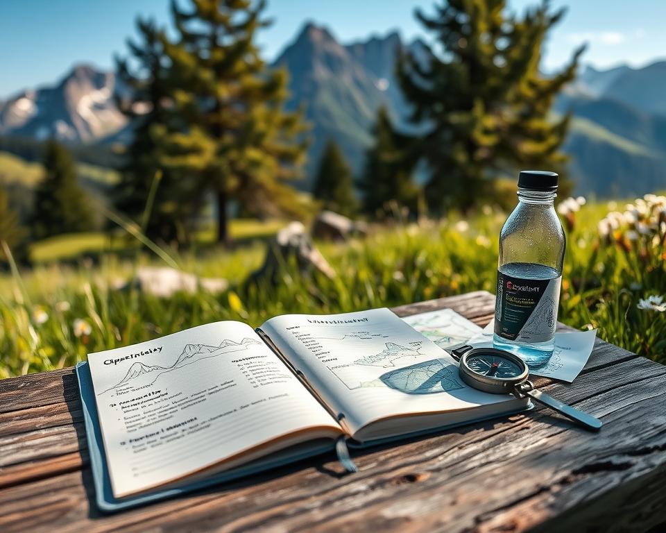 A detailed hiking itinerary displayed on a rustic wooden table amidst a vibrant outdoor setting. In the foreground, an open notebook with sketches of mountain trails and handwritten notes about time, budget, and weather alternatives. Nearby, a compass, a map of the Olpererhütte trail, and a half-filled water bottle complement the scene. In the middle ground, lush green grass and wildflowers frame the table, while a backdrop of majestic Tyrolean mountains towers under a clear blue sky. Soft sunlight filters through the trees, casting gentle shadows on the table. The atmosphere conveys excitement and readiness for adventure, inviting the viewer to envision their perfect tour planning experience for the hike. Depth of field creates focus on the table while softly blurring the distant mountains.
