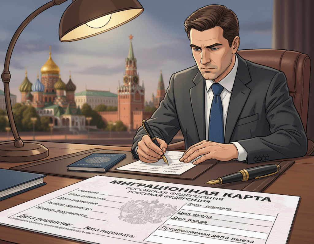 A detailed illustration of a Russian migration card prominently displayed in the foreground, showcasing its various sections and fields clearly, ensuring that elements like an official emblem or watermark are subtly incorporated. In the middle ground, a formal setting with a wooden desk and a professional individual dressed in business attire carefully filling out the migration card, conveying a sense of importance and attention to detail. The background should include softly blurred elements like a cityscape featuring iconic Russian architecture, hinting at the country’s culture. The lighting is warm and inviting, complemented by a slight overhead glow to create a focused atmosphere. The overall mood is informative and professional, suitable for conveying immigration guidance.