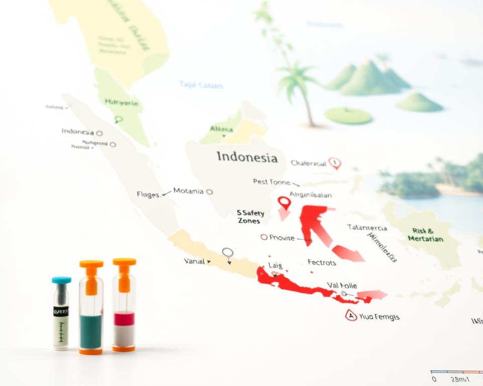 A detailed map of Indonesia highlighting various risk areas for vaccinations, layered in an engaging way. In the foreground, clearly marked icons representing different vaccines, such as syringes and vials, in vibrant colors. The middle ground features a stylized, semi-transparent map of Indonesia, with safety zones and risk areas labeled in contrasting hues to emphasize the regions. The background consists of an abstract representation of Indonesian landscapes, including tropical trees and islands, creating an immersive environment. Soft, natural lighting simulates a daytime atmosphere, with a slight tilt angle to provide depth. The mood is informative and reassuring, aimed at educating about health safety. No human figures or text overlays are included.