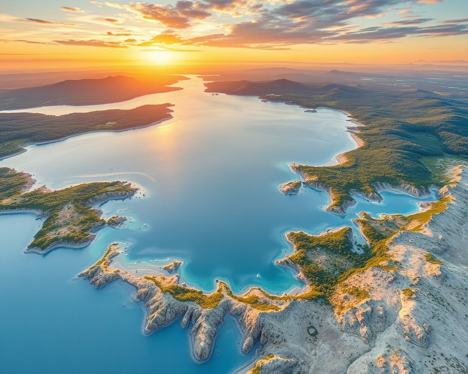 A detailed map of the White Sea (Weißes Meer), featuring its coastal areas, surrounding landforms, and key geographical landmarks. In the foreground, depict intricate and vibrant details of the sea's coastline, with gentle waves lapping at sandy beaches and rocky outcrops. The middle ground should include lush forests and rolling hills that frame the sea, showcasing the natural beauty of the region. In the background, capture the expansive sky, casting a soft, warm light across the landscape during a golden hour sunset, creating a tranquil and inviting atmosphere. Use a wide-angle perspective to emphasize the map's expansive setting, highlighting the serene colors of blue, green, and golden hues. Focus on clarity and detail, ensuring the map is elegantly designed without any text or overlays. A detailed map of the White Sea (Weißes Meer), featuring its coastal areas, surrounding landforms, and key geographical landmarks. In the foreground, depict intricate and vibrant details of the sea's coastline, with gentle waves lapping at sandy beaches and rocky outcrops. The middle ground should include lush forests and rolling hills that frame the sea, showcasing the natural beauty of the region. In the background, capture the expansive sky, casting a soft, warm light across the landscape during a golden hour sunset, creating a tranquil and inviting atmosphere. Use a wide-angle perspective to emphasize the map's expansive setting, highlighting the serene colors of blue, green, and golden hues. Focus on clarity and detail, ensuring the map is elegantly designed without any text or overlays.