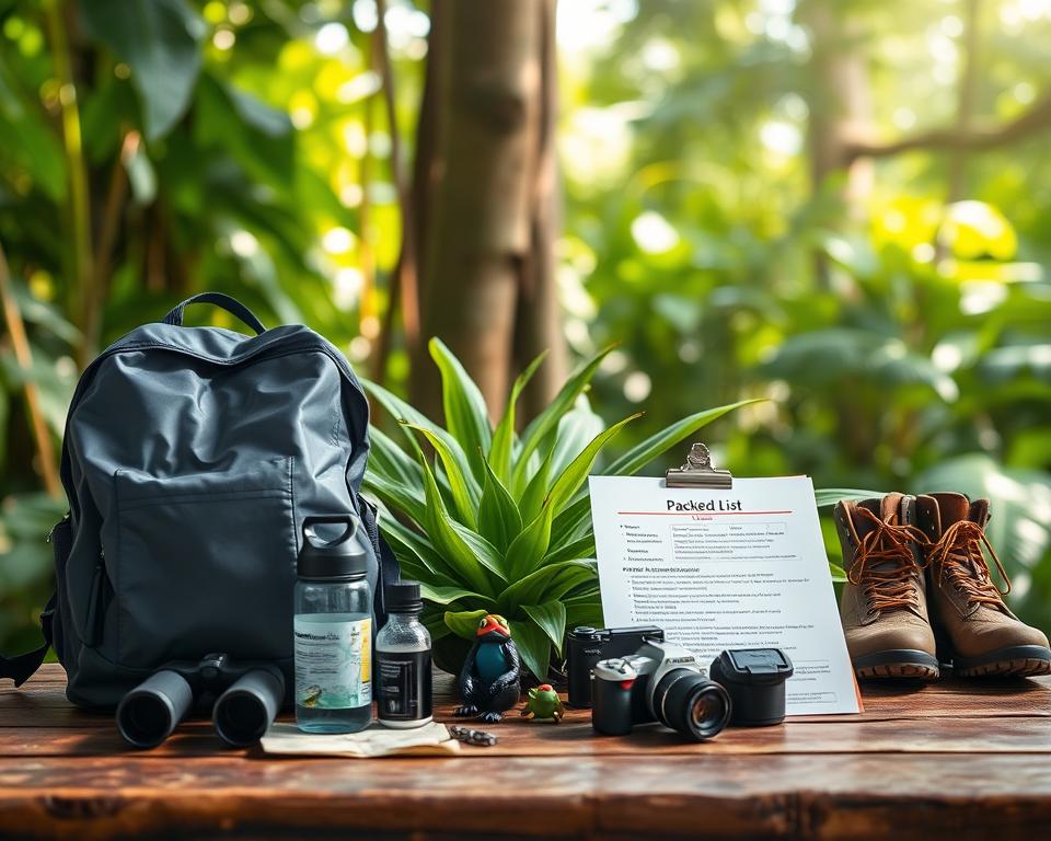 A detailed packed list for a rainforest adventure in Tortuguero, Costa Rica, displayed on a rustic wooden table. In the foreground, neatly arranged items include a waterproof backpack, binoculars, a map, a reusable water bottle, bug spray, sunscreen, hiking boots, and a camera. The middle layer features a vibrant green foliage typical of a rainforest, with exotic plants and a small wildlife figurine, like a colorful frog or sloth, peeking through the leaves. In the background, softly diffused sunlight filters through the tree canopy, creating a tranquil yet adventurous atmosphere. A shallow depth of field gives focus to the packed list while gently blurring the vibrant greenery around it, enhancing the sense of exploration in the lush Tortuguero landscape.