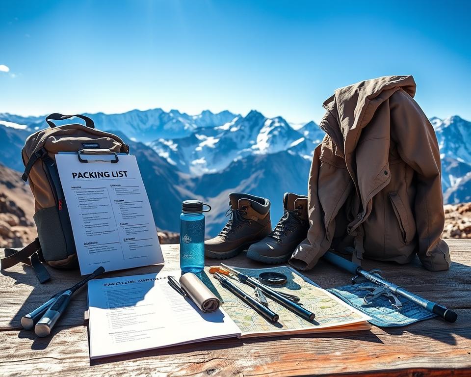 A detailed packing list for trekking in the Andean mountains, displayed on a rustic wooden table. In the foreground, neatly arranged gear including a durable backpack, trekking poles, a water bottle, a map, and a multi-tool. In the middle ground, a pair of rugged hiking boots and a warm jacket draped over the edge of the table. The background features a breathtaking view of snow-capped peaks under a clear blue sky, with sunlight illuminating the rugged terrain. The scene conveys a sense of adventure and preparation, reflecting the thrill of exploring high-altitude landscapes, while creating an inviting and organized atmosphere suitable for adventurers. The image is bright and vibrant, evoking a feeling of excitement and anticipation.