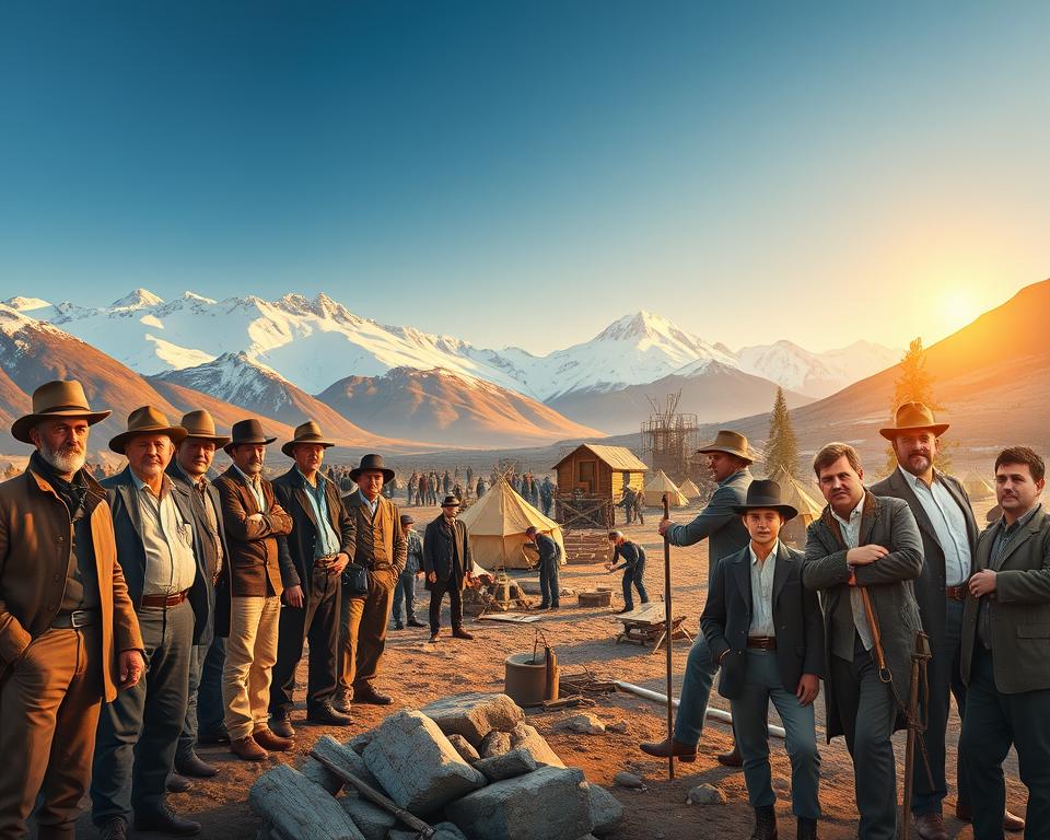 A detailed scene depicting famous personalities of the Klondike Gold Rush, set in the rugged landscape of Alaska. In the foreground, a diverse group of characters dressed in professional business attire reflecting the late 19th century—gold miners, prospectors, and explorers—showing determination and camaraderie. In the middle ground, a busy mining camp bustling with activity: tents, mining equipment, and a few trees. In the background, snow-capped mountains under a clear blue sky, hints of golden light glowing from the setting sun. The atmosphere is adventurous and hopeful, capturing the thrill of discovery during the gold rush era. Use a warm color palette with soft, natural lighting to evoke a sense of nostalgia, shot from a slightly elevated angle to encompass the entire scene without any modern distractions.