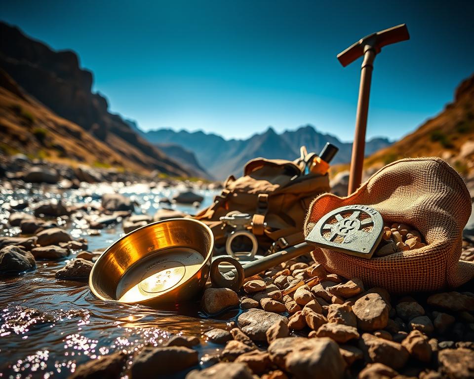 A detailed scene of gold prospecting equipment arranged on a rocky riverbank, showcasing a shiny gold pan, a metal detector, and a sturdy pickaxe. In the foreground, sunlight gleams off the water, creating a sparkling effect. The middle ground features a worn backpack filled with tools, next to a burlap sack partially filled with pebbles and potential gold nuggets. In the background, majestic mountains loom under a clear blue sky, hinting at the adventure that awaits. The overall atmosphere is one of exploration and excitement, with warm, inviting lighting that emphasizes the golden tones of the scene. Use a shallow depth of field to focus on the equipment while softly blurring the distant mountains.