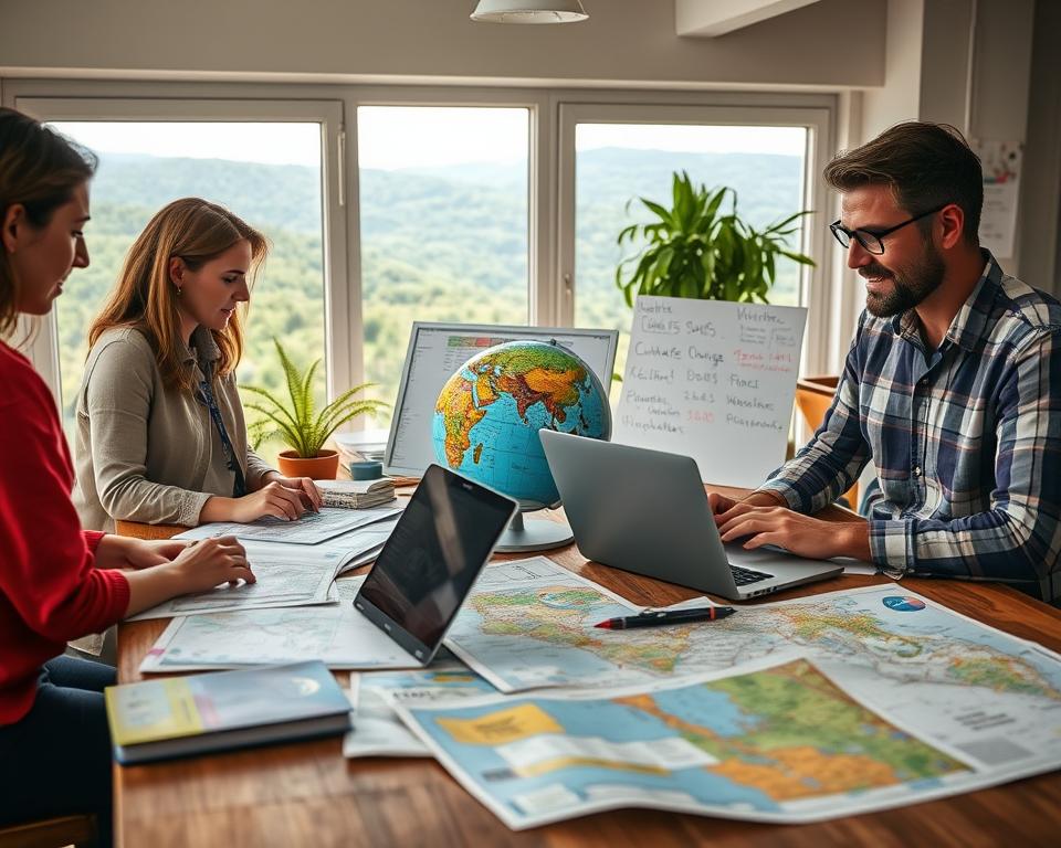 A detailed scene set in a modern, airy workspace where a diverse group of three travelers—two women and one man—are engaged in their meticulous travel planning for climate-conscious adventures. In the foreground, a large wooden table is covered with maps, travel guides, and a laptop displaying weather data. The middle layer features a vibrant globe and a whiteboard with notes about climate change and weather patterns. In the background, large windows reveal an idyllic outdoor view of a lush landscape, symbolizing nature’s beauty. Soft, natural lighting creates a warm atmosphere, while potted plants add a touch of greenery. The mood is focused and optimistic, emphasizing responsible travel choices in the face of climate challenges.