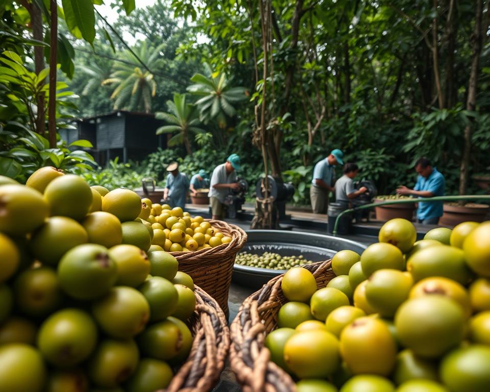 A detailed scene showcasing the Giling Basah process of coffee production in Tobasee, Sumatra. In the foreground, vibrant green coffee cherries sit in baskets, glistening with moisture. To the middle, workers in professional attire, focused and engaged, are seen operating traditional wet-processing equipment, surrounded by water and lush, tropical plants. In the background, a dense rainforest provides a rich, green canopy, with soft sunlight filtering through, creating a serene and authentic atmosphere. The composition should use natural lighting to highlight the textures of the cherries and machinery, with a slight depth of field that keeps the focus on the workers while softly blurring the background. Aim for an educational and immersive mood, capturing the essence of this unique coffee processing technique. A detailed scene showcasing the Giling Basah process of coffee production in Tobasee, Sumatra. In the foreground, vibrant green coffee cherries sit in baskets, glistening with moisture. To the middle, workers in professional attire, focused and engaged, are seen operating traditional wet-processing equipment, surrounded by water and lush, tropical plants. In the background, a dense rainforest provides a rich, green canopy, with soft sunlight filtering through, creating a serene and authentic atmosphere. The composition should use natural lighting to highlight the textures of the cherries and machinery, with a slight depth of field that keeps the focus on the workers while softly blurring the background. Aim for an educational and immersive mood, capturing the essence of this unique coffee processing technique.