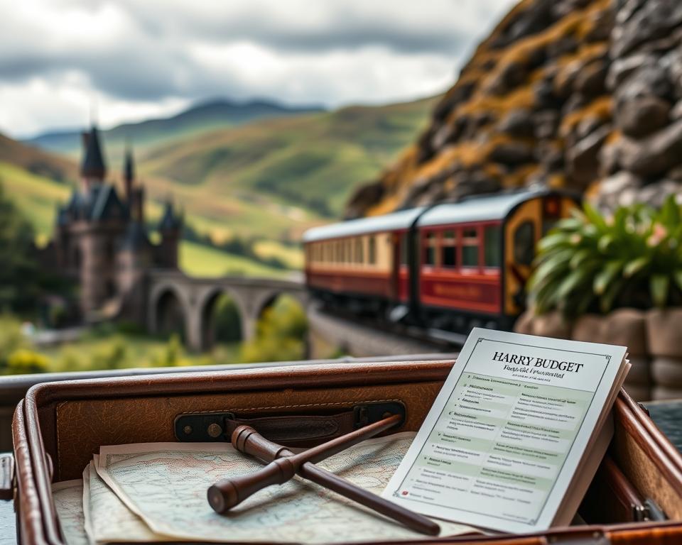 A detailed travel budget layout for a Harry Potter-themed trip in the foreground, featuring a vintage suitcase with travel essentials like a map of the UK, a wand, and a small guidebook on magical filming locations. In the middle ground, classic British landmarks such as the Hogwarts Castle and the Glenfinnan Viaduct are slightly blurred to provide context. The background includes a picturesque Hogwarts Express chugging along a scenic route with rolling green hills and a cloudy sky. Soft, natural lighting enhances the magical atmosphere, with a warm glow highlighting the items in the suitcase. The composition captures a sense of adventure and excitement, inviting viewers to explore the enchanting world of Harry Potter within a practical budgeting framework.