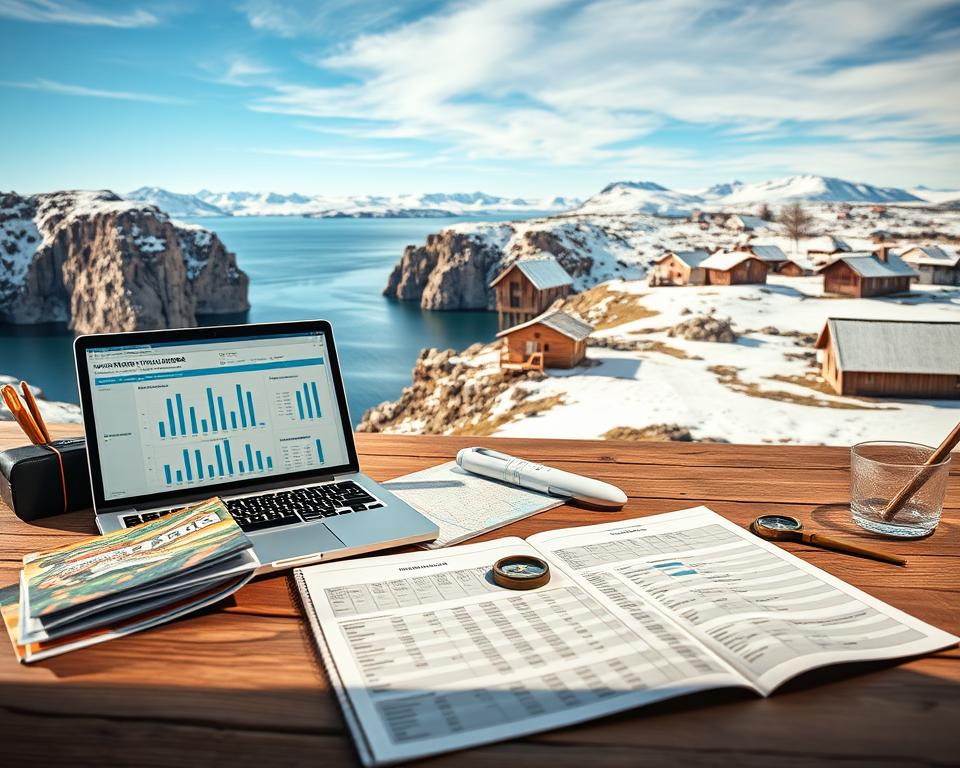 A detailed travel budget planner set against the backdrop of Northern Russia's stunning landscapes, focusing on the White Sea. In the foreground, a wooden table is strewn with travel brochures, a laptop displaying budget calculations, and travel gear like a compass and map. The middle layer features a majestic view of the icy blue sea meeting rugged cliffs, with snow-capped mountains in the distance under a bright, clear sky. The background shows a quaint Russian village with traditional wooden houses. Soft natural lighting casts gentle shadows, enhancing the peaceful yet inspiring atmosphere of remote travel. The scene conveys a sense of adventure and careful planning, designed to entice readers to explore this hidden gem. A detailed travel budget planner set against the backdrop of Northern Russia's stunning landscapes, focusing on the White Sea. In the foreground, a wooden table is strewn with travel brochures, a laptop displaying budget calculations, and travel gear like a compass and map. The middle layer features a majestic view of the icy blue sea meeting rugged cliffs, with snow-capped mountains in the distance under a bright, clear sky. The background shows a quaint Russian village with traditional wooden houses. Soft natural lighting casts gentle shadows, enhancing the peaceful yet inspiring atmosphere of remote travel. The scene conveys a sense of adventure and careful planning, designed to entice readers to explore this hidden gem.
