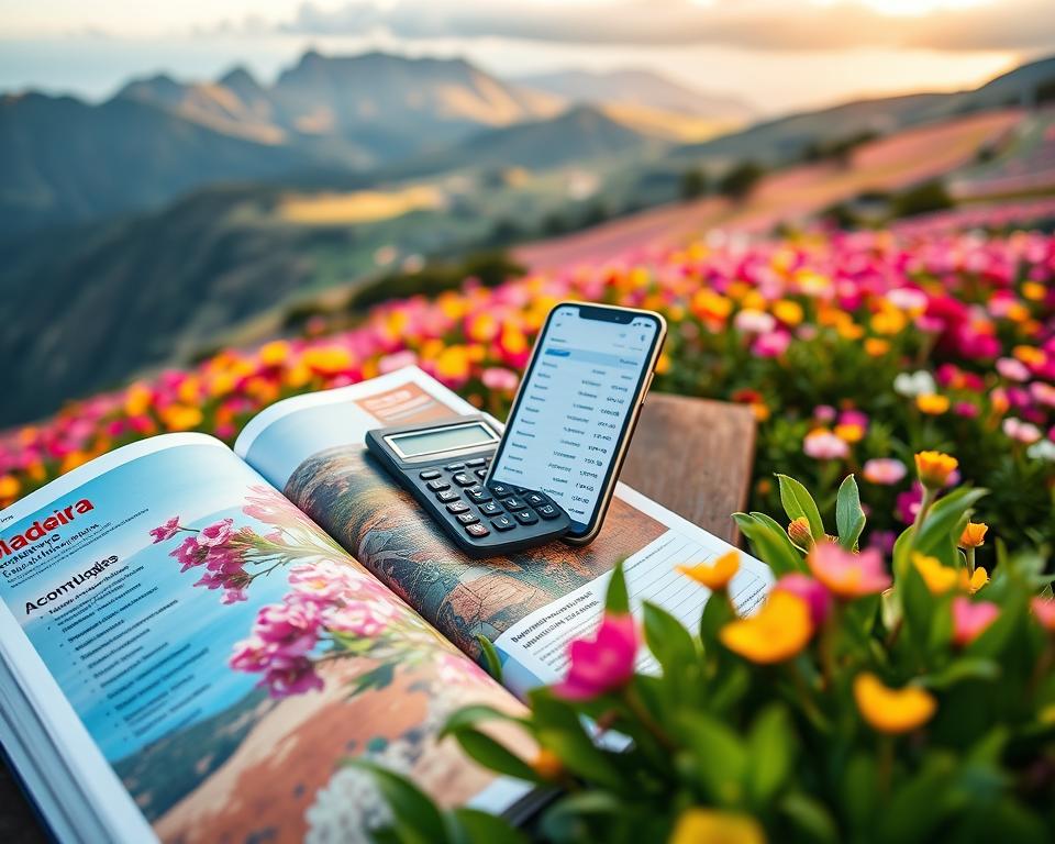 A detailed travel budget visualization for Madeira during the blooming season. In the foreground, a beautifully arranged travel guidebook open to a vibrant page showcasing blooming flowers, with lush greenery surrounding it. In the middle, a stylish calculator next to a smartphone displaying an itinerary, indicating planned expenses like accommodation, food, and activities. In the background, a breathtaking view of Madeira’s landscape, with dramatic mountains and colorful flower fields in full bloom, under a soft, warm afternoon light. The scene captures an inviting and cheerful mood, with a slight focus on the vibrant colors of the flowers, suggesting a harmonious blend of nature and travel planning. The angle should be slightly elevated, providing a panoramic view of both the budget elements and the stunning backdrop.