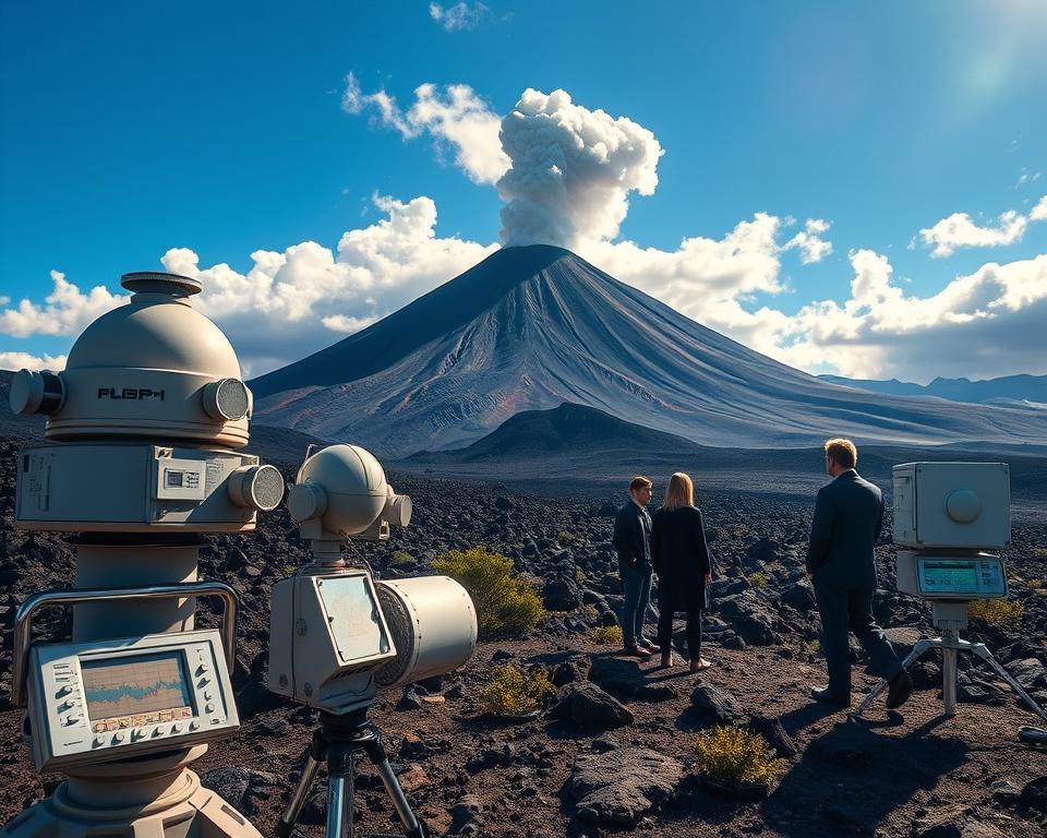 A detailed view of an active volcano monitoring station set against a dramatic, smoke-emitting volcano in the background. In the foreground, display high-tech monitoring equipment, such as seismographs and digital screens showing volcanic activity data, surrounded by scientists in professional attire, intently observing the readings. The middle ground features rugged volcanic terrain, with rocks and vegetation reflecting the lava’s glow. Capture the volcano’s peak spewing ash and smoke into a clear blue sky, illuminated by warm sunlight peeking through the clouds. The atmosphere is tense yet scientifically vibrant, highlighting the urgency and precision of volcanic monitoring efforts, emphasizing the blend of nature's power and technology. Use a wide-angle lens to encapsulate the immense scale of both the volcano and the equipment. A detailed view of an active volcano monitoring station set against a dramatic, smoke-emitting volcano in the background. In the foreground, display high-tech monitoring equipment, such as seismographs and digital screens showing volcanic activity data, surrounded by scientists in professional attire, intently observing the readings. The middle ground features rugged volcanic terrain, with rocks and vegetation reflecting the lava’s glow. Capture the volcano’s peak spewing ash and smoke into a clear blue sky, illuminated by warm sunlight peeking through the clouds. The atmosphere is tense yet scientifically vibrant, highlighting the urgency and precision of volcanic monitoring efforts, emphasizing the blend of nature's power and technology. Use a wide-angle lens to encapsulate the immense scale of both the volcano and the equipment.