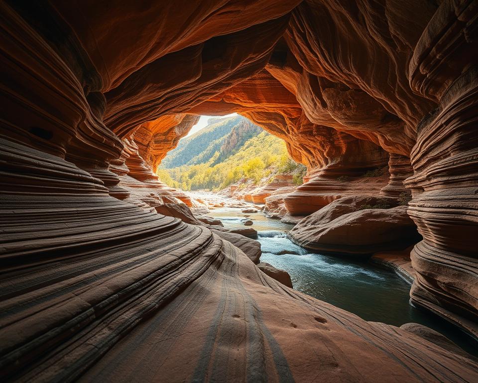 A detailed view of the Buntsandstein caves, showcasing their unique geological formations. In the foreground, intricate sandstone rock layers with warm red and orange hues are highlighted, revealing smooth textures and natural striations. In the middle ground, a serene cave entrance with gentle flowing water reflects warm sunlight filtering through the opening, creating a tranquil atmosphere. In the background, lush greenery and rugged hills rise majestically, adding depth and contrast to the landscape. Soft, diffused lighting emphasizes the textures of the rocks while casting gentle shadows, enhancing the sense of mystery. The scene evokes a sense of wonder and discovery, inviting viewers to explore this natural wonder and its geological significance.