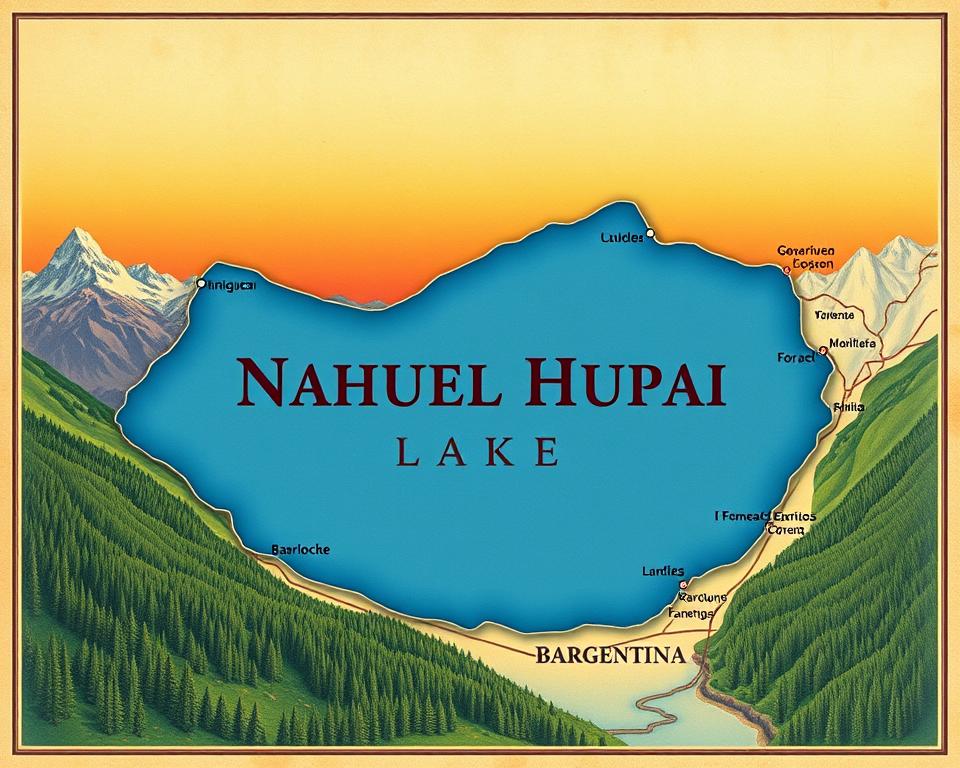 A detailed, vintage-style map of Nahuel Huapi Lake in Argentina, prominently featuring the lake's outline and surrounding geographical features. In the foreground, lush green forests and snow-capped peaks of the Andes are depicted, symbolizing the region's natural beauty. The middle layer includes the lake itself, a vivid blue color, with labels for Bariloche and other key locations in elegant, old-world typography. The background is a gradient sky transitioning from soft orange to deep purple, indicating sunrise or sunset, creating a serene atmosphere. The image should have a slightly aged texture, as if it were an antique treasure, evoking a sense of adventure and exploration. No text or captions present in the image. A detailed, vintage-style map of Nahuel Huapi Lake in Argentina, prominently featuring the lake's outline and surrounding geographical features. In the foreground, lush green forests and snow-capped peaks of the Andes are depicted, symbolizing the region's natural beauty. The middle layer includes the lake itself, a vivid blue color, with labels for Bariloche and other key locations in elegant, old-world typography. The background is a gradient sky transitioning from soft orange to deep purple, indicating sunrise or sunset, creating a serene atmosphere. The image should have a slightly aged texture, as if it were an antique treasure, evoking a sense of adventure and exploration. No text or captions present in the image.