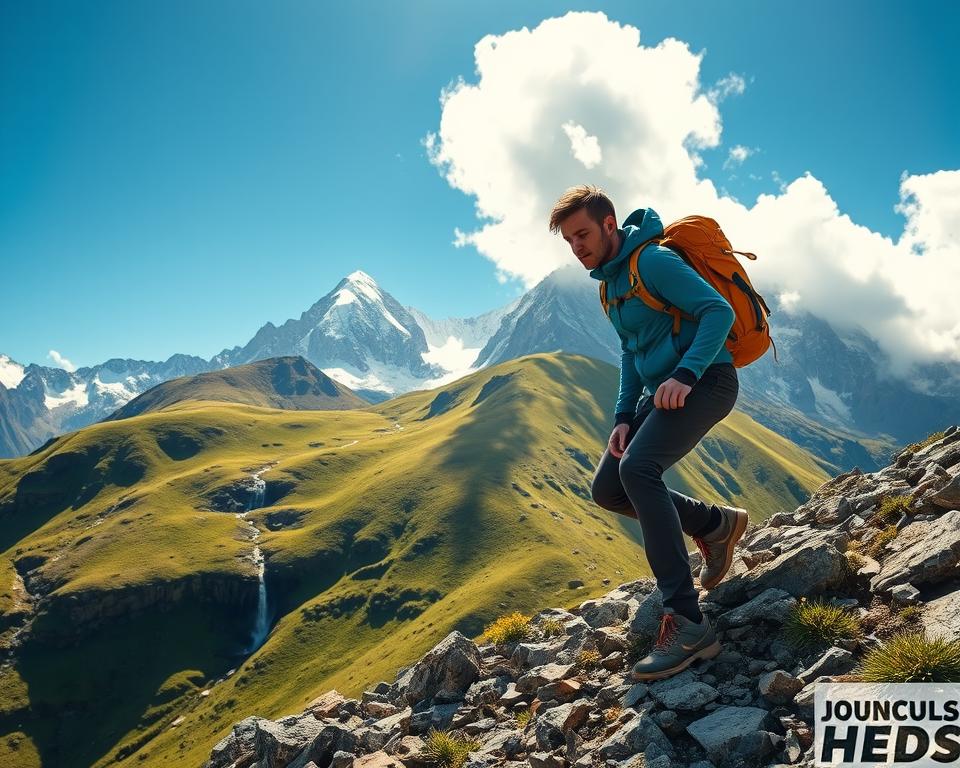 A determined hiker in professional outdoor gear trains for trekking the Andes, positioned in the foreground, executing a challenging climb on a rocky slope. In the middle ground, vibrant green mountains rise steeply, dotted with patches of wildflowers and small, cascading waterfalls. The background features towering snow-capped peaks under a clear blue sky, providing a dramatic contrast. Soft, warm sunlight filters through the clouds, casting gentle shadows and highlighting the textures of the rocky terrain. The atmosphere is one of motivation and adventure, capturing the essence of rigorous preparation for high-altitude trekking in South America. The overall composition conveys energy and determination, showcasing the beauty of nature and the challenge of the ascent.
