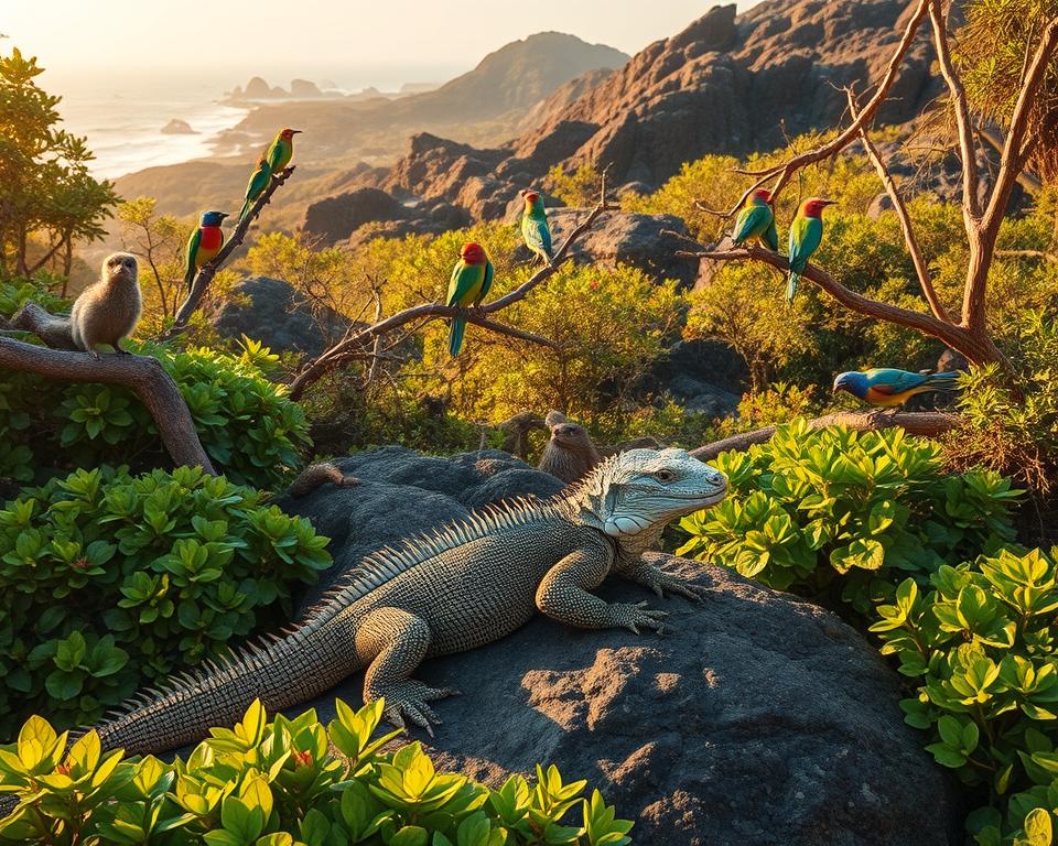 A diverse array of wildlife in the Komodo National Park, featuring a Komodo dragon basking on a sunlit rock in the foreground, surrounded by lush green foliage. In the middle ground, a variety of native birds with vivid plumage perch on branches, while small mammals can be seen foraging among the underbrush. The background showcases the rugged volcanic landscape of Komodo Island, with hints of the ocean peeking through. The scene is bathed in warm, golden hour lighting, enhancing the vibrant colors of the fauna and flora. The atmosphere is serene yet alive with the sounds of nature, creating a sense of tranquility and wonder in this unique ecosystem. Use a wide-angle lens to capture the depth and richness of the environment. A diverse array of wildlife in the Komodo National Park, featuring a Komodo dragon basking on a sunlit rock in the foreground, surrounded by lush green foliage. In the middle ground, a variety of native birds with vivid plumage perch on branches, while small mammals can be seen foraging among the underbrush. The background showcases the rugged volcanic landscape of Komodo Island, with hints of the ocean peeking through. The scene is bathed in warm, golden hour lighting, enhancing the vibrant colors of the fauna and flora. The atmosphere is serene yet alive with the sounds of nature, creating a sense of tranquility and wonder in this unique ecosystem. Use a wide-angle lens to capture the depth and richness of the environment.