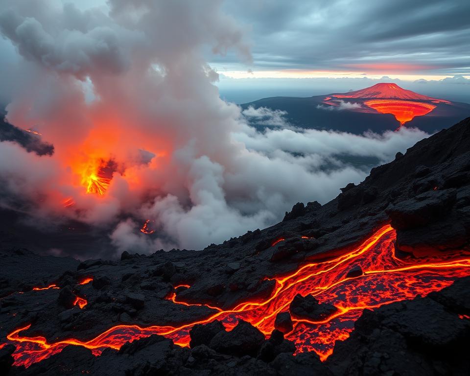A dramatic and fiery landscape featuring molten magma and flowing lava, vividly displayed in the foreground as it streams down a rugged volcanic slope. The magma glows with intense oranges and reds, highlighting its seething, viscous texture. In the middle ground, billowing gaseous emissions rise from the cracks in the earth, mingling with the clouds above, creating a hazy and brooding atmosphere. The background shows a distant volcanic crater silhouetted against a darkening sky, illuminated by the fiery glow of the eruption. Use a dynamic angle to capture the grandeur of the scene, with a focus on the contrasting elements of heat and rock. The lighting should dramatize the vibrant colors of the magma and the subtler tones of the smoke, evoking a sense of power and danger. A dramatic and fiery landscape featuring molten magma and flowing lava, vividly displayed in the foreground as it streams down a rugged volcanic slope. The magma glows with intense oranges and reds, highlighting its seething, viscous texture. In the middle ground, billowing gaseous emissions rise from the cracks in the earth, mingling with the clouds above, creating a hazy and brooding atmosphere. The background shows a distant volcanic crater silhouetted against a darkening sky, illuminated by the fiery glow of the eruption. Use a dynamic angle to capture the grandeur of the scene, with a focus on the contrasting elements of heat and rock. The lighting should dramatize the vibrant colors of the magma and the subtler tones of the smoke, evoking a sense of power and danger.