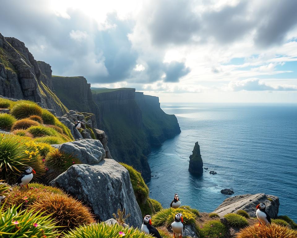 A dramatic coastal scene showcasing the rugged cliffs of Iceland, with vibrant greenery and rocky outcroppings in the foreground. Brightly colored puffins are seen perched safely on the ledges, their vivid orange beaks contrasting against the grey stone. In the middle ground, the shimmering blue sea stretches out towards the horizon, where storm clouds gather, creating a striking contrast of light and shadow. Soft sunlight breaks through the clouds, illuminating the cliffs and casting a warm glow. The atmosphere is one of both beauty and caution, highlighting the importance of safety near the cliffs. The image is captured from a low angle, emphasizing the height of the cliffs and the vastness of the ocean, creating a sense of awe and respect for nature's power.