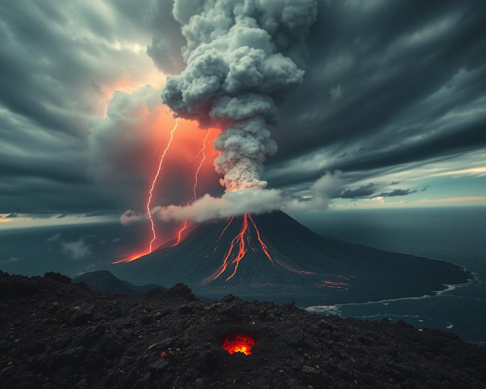A dramatic depiction of the Krakatau eruption, showing a towering column of ash and smoke billowing into a stormy sky. In the foreground, rough volcanic rock and ash-strewn landscapes are highlighted, with small fissures emitting glowing lava. The middle ground features the volcano's silhouette, partially obscured by dark clouds, while bolts of lightning illuminate the scene. In the background, a turbulent sea reflects the fiery hues of the eruption against a darkened horizon. The atmosphere is charged and tense, with an intense color palette of reds, oranges, and deep grays. Capture this moment with a cinematic wide-angle perspective, emphasizing the scale and power of nature in action, with dramatic lighting to enhance the sense of chaos and awe. A dramatic depiction of the Krakatau eruption, showing a towering column of ash and smoke billowing into a stormy sky. In the foreground, rough volcanic rock and ash-strewn landscapes are highlighted, with small fissures emitting glowing lava. The middle ground features the volcano's silhouette, partially obscured by dark clouds, while bolts of lightning illuminate the scene. In the background, a turbulent sea reflects the fiery hues of the eruption against a darkened horizon. The atmosphere is charged and tense, with an intense color palette of reds, oranges, and deep grays. Capture this moment with a cinematic wide-angle perspective, emphasizing the scale and power of nature in action, with dramatic lighting to enhance the sense of chaos and awe.