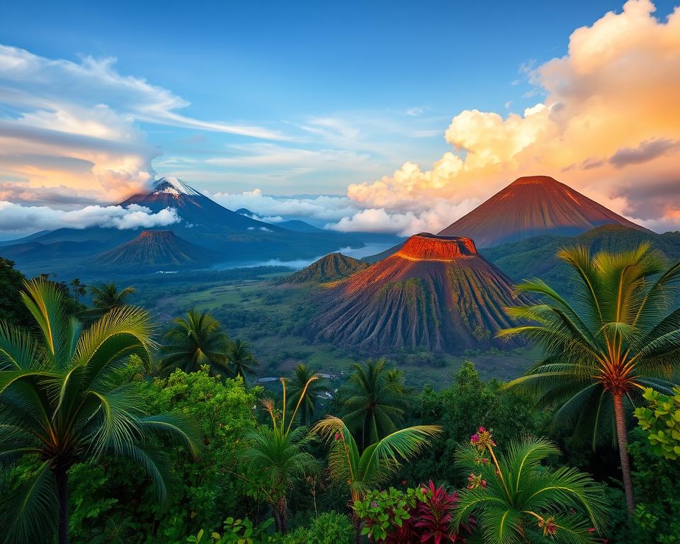 A dramatic landscape featuring the iconic Indonesian volcanoes, such as Mount Merapi and Mount Bromo, depicted in great detail. In the foreground, lush greenery and vibrant tropical flora, including palm trees and colorful flowers, create a rich tapestry of life. The middle ground showcases the majestic volcanoes, their craggy peaks adorned with patches of snow and smoldering ash, emanating gentle plumes of smoke against a blue sky. In the background, dramatic clouds gather, illuminated by the golden hues of a setting sun, casting an ethereal glow over the scene. The composition should utilize a wide-angle lens to capture the grandeur of the landscape, with soft natural lighting enhancing the vivid colors and textures. The overall mood conveys a sense of awe and tranquility, reflecting the beauty and power of nature.