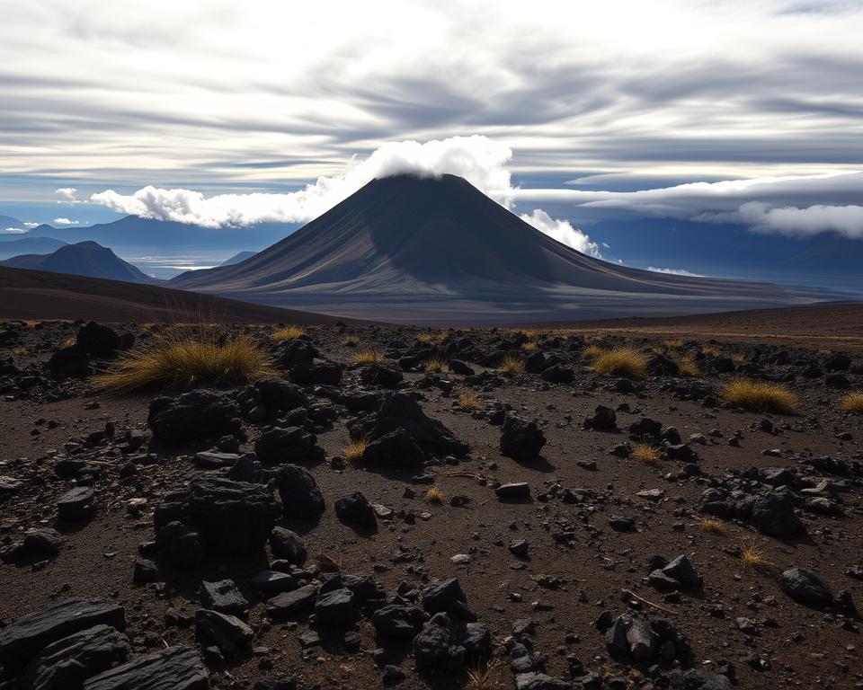 A dramatic landscape of Tongariro National Park, capturing the essence of Mordor's volcanic terrain. In the foreground, dark, rugged volcanic rocks and sparse, stark vegetation contrast against a barren, desolate soil. The middle ground showcases the iconic Mount Ngauruhoe, its cone shape sharply defined under ominous, swirling clouds. The background reveals distant, towering peaks shrouded in mist, enhancing the sense of mystery and grandeur. The scene is illuminated by a moody, low-hanging light that casts long shadows, creating an atmospheric tension. Use a wide-angle lens to emphasize the scale of the mountains and capture the raw, untamed beauty of this otherworldly landscape, evoking a sense of adventure and foreboding with rich, earthy tones.