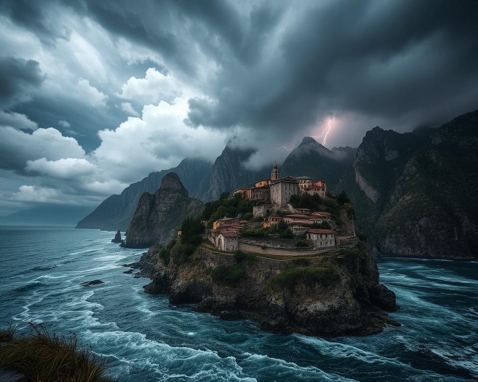 A dramatic landscape showcasing extreme weather conditions in Albania. In the foreground, dark storm clouds swirl ominously above rugged mountains, hinting at an impending thunderstorm. Below, a river is swollen from recent heavy rains, flowing aggressively with swirling currents. In the middle ground, a small village clings to the hillside, its traditional stone houses partially obscured by mist and rain, illuminated by occasional flashes of lightning. The background features steep cliffs leading to the shores of the Adriatic Sea, where turbulent waves crash violently against the rocky coastline. The atmosphere is tense and moody, with diffused lighting casting eerie shadows. The image captures the intensity of nature’s extremes and showcases the beauty and peril of Albania’s diverse climate. A dramatic landscape showcasing extreme weather conditions in Albania. In the foreground, dark storm clouds swirl ominously above rugged mountains, hinting at an impending thunderstorm. Below, a river is swollen from recent heavy rains, flowing aggressively with swirling currents. In the middle ground, a small village clings to the hillside, its traditional stone houses partially obscured by mist and rain, illuminated by occasional flashes of lightning. The background features steep cliffs leading to the shores of the Adriatic Sea, where turbulent waves crash violently against the rocky coastline. The atmosphere is tense and moody, with diffused lighting casting eerie shadows. The image captures the intensity of nature’s extremes and showcases the beauty and peril of Albania’s diverse climate.