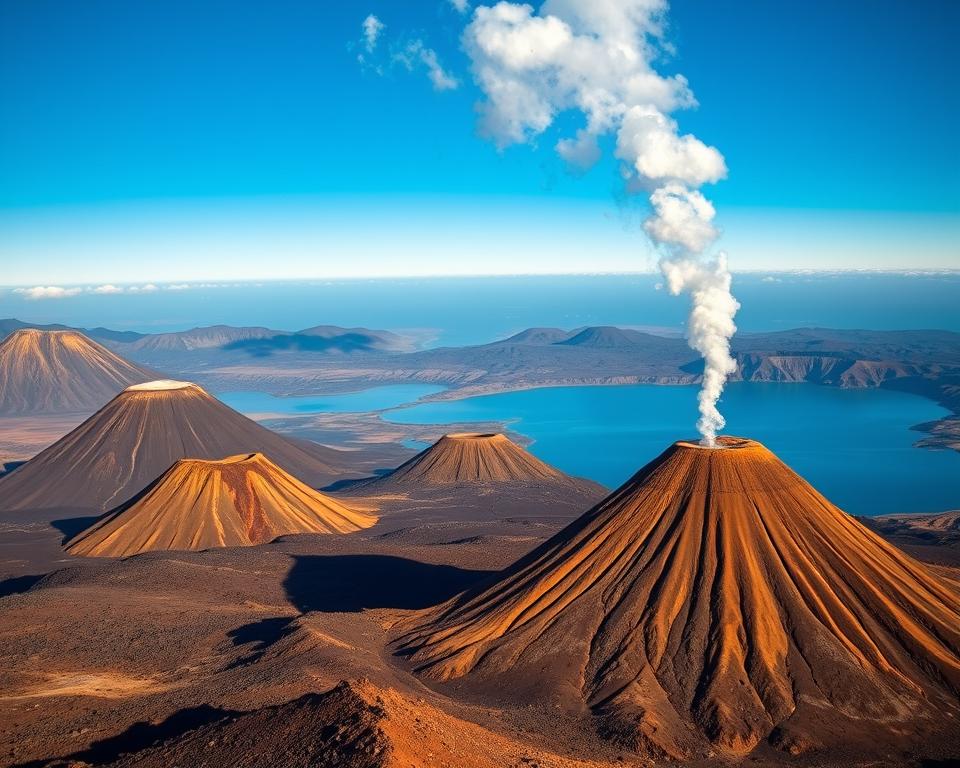 A dramatic landscape showcasing various types of volcanoes, each representing a distinctive geological feature. In the foreground, a stratovolcano with a symmetrical cone shape, topped with a plume of smoke, showcasing recent activity. To the left, a shield volcano with broad, gently sloping sides made of basaltic lava, glimmering in the sunlight. In the middle ground, a cinder cone with its steep, conical shape, surrounded by dark, rocky terrain littered with volcanic ash. The background features a distant caldera lake, shimmering blue against a mountainous horizon under a clear blue sky. Soft, golden hour lighting casts long shadows, enhancing the textures of the volcanic formations, creating a captivating atmosphere of natural power and beauty. A dramatic landscape showcasing various types of volcanoes, each representing a distinctive geological feature. In the foreground, a stratovolcano with a symmetrical cone shape, topped with a plume of smoke, showcasing recent activity. To the left, a shield volcano with broad, gently sloping sides made of basaltic lava, glimmering in the sunlight. In the middle ground, a cinder cone with its steep, conical shape, surrounded by dark, rocky terrain littered with volcanic ash. The background features a distant caldera lake, shimmering blue against a mountainous horizon under a clear blue sky. Soft, golden hour lighting casts long shadows, enhancing the textures of the volcanic formations, creating a captivating atmosphere of natural power and beauty.