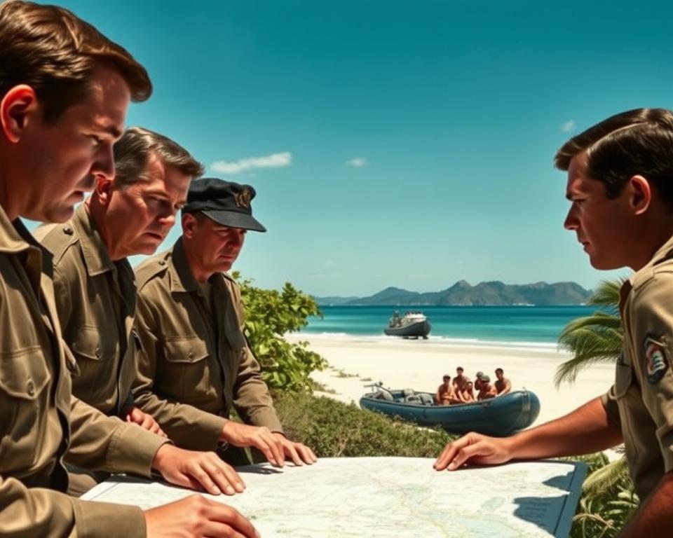 A dramatic scene depicting "Operation Zapata" set in the Cuban landscape during the early 1960s. In the foreground, a group of well-dressed military officers in professional attire, strategizing over a detailed map, their expressions focused and serious. In the middle ground, a military boat is preparing to land on a pristine beach, its crew visible and ready for action. The background features lush tropical vegetation and distant mountains under a clear blue sky. The lighting is warm and bright, suggesting midday, casting natural shadows. The overall mood is tense yet determined, illustrating the gravity and ambition behind the operation, with an emphasis on military professionalism and strategic planning.