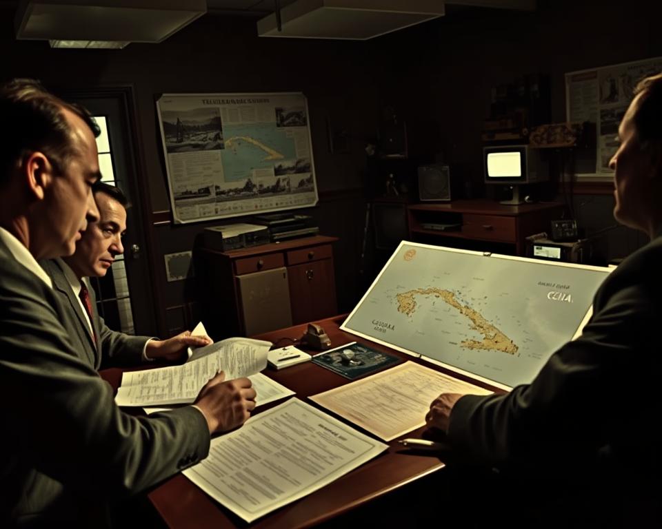 A dramatic scene depicting a secret CIA operation during the Cuban missile crisis. In the foreground, a group of well-dressed CIA operatives in 1960s business attire is engaged in intense discussion, examining classified documents and maps spread on a table. The middle ground features a tense atmosphere, with a large map of Cuba pinned on the wall, highlighting key locations involved in the operation. In the background, a dimly lit room filled with old technology and surveillance equipment hints at the era's espionage methods. Soft, moody lighting casts shadows that enhance the secretive vibe, while a low-angle shot emphasizes the urgency and gravity of the situation. The overall mood is serious and urgent, reflecting high-stakes decision-making during a critical historical moment.