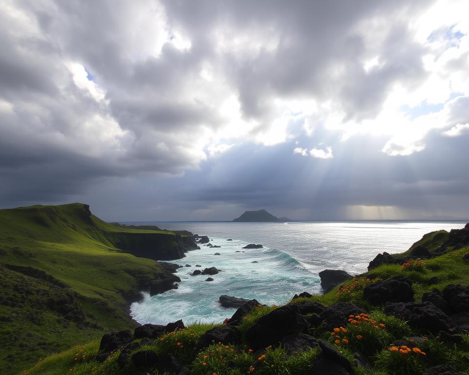 A dramatic scene of the Azores weather, showcasing a turbulent sky filled with dark, rolling clouds that hint at rain, contrasted by bright sunbeams breaking through occasional gaps. In the foreground, the rugged landscape features lush green hills and volcanic rock formations, dotted with vibrant wildflowers. The middle ground captures waves crashing onto a rocky coastline, their foam glistening in the sunlight. In the background, a misty island peaks through the dynamic clouds, adding a sense of mystery and depth. The lighting evokes a sense of drama, with a wide-angle lens capturing the expansive sky and turbulent atmosphere. The overall mood conveys the fast-changing and humid climate, typical of this Atlantic paradise, inviting viewers to feel the energy and beauty of the natural environment. A dramatic scene of the Azores weather, showcasing a turbulent sky filled with dark, rolling clouds that hint at rain, contrasted by bright sunbeams breaking through occasional gaps. In the foreground, the rugged landscape features lush green hills and volcanic rock formations, dotted with vibrant wildflowers. The middle ground captures waves crashing onto a rocky coastline, their foam glistening in the sunlight. In the background, a misty island peaks through the dynamic clouds, adding a sense of mystery and depth. The lighting evokes a sense of drama, with a wide-angle lens capturing the expansive sky and turbulent atmosphere. The overall mood conveys the fast-changing and humid climate, typical of this Atlantic paradise, inviting viewers to feel the energy and beauty of the natural environment.