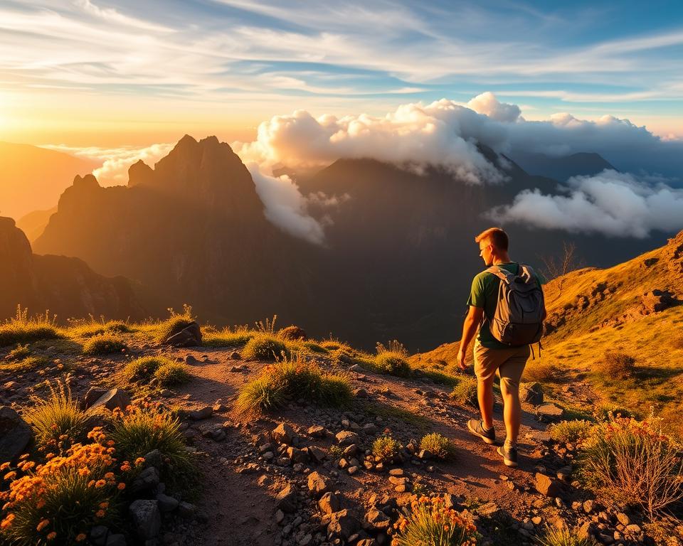 A dramatic view of Pico do Arieiro, Madeira, captured at sunrise with warm golden light illuminating the jagged peaks and lush valleys. In the foreground, a well-marked trail leads through a rocky landscape, dotted with vibrant wildflowers. A hiker, dressed in modest casual clothing and equipped with a backpack, carefully navigates this path, embodying responsible outdoor behavior. The middle ground features towering cliffs and sparse vegetation, enhancing the sense of adventure. In the background, majestic clouds hang low over the mountainous silhouette, creating an atmosphere of awe and serenity. The shot is taken from a low angle to emphasize the height and grandeur of the mountains, invoking a mood of exploration and safety in nature.