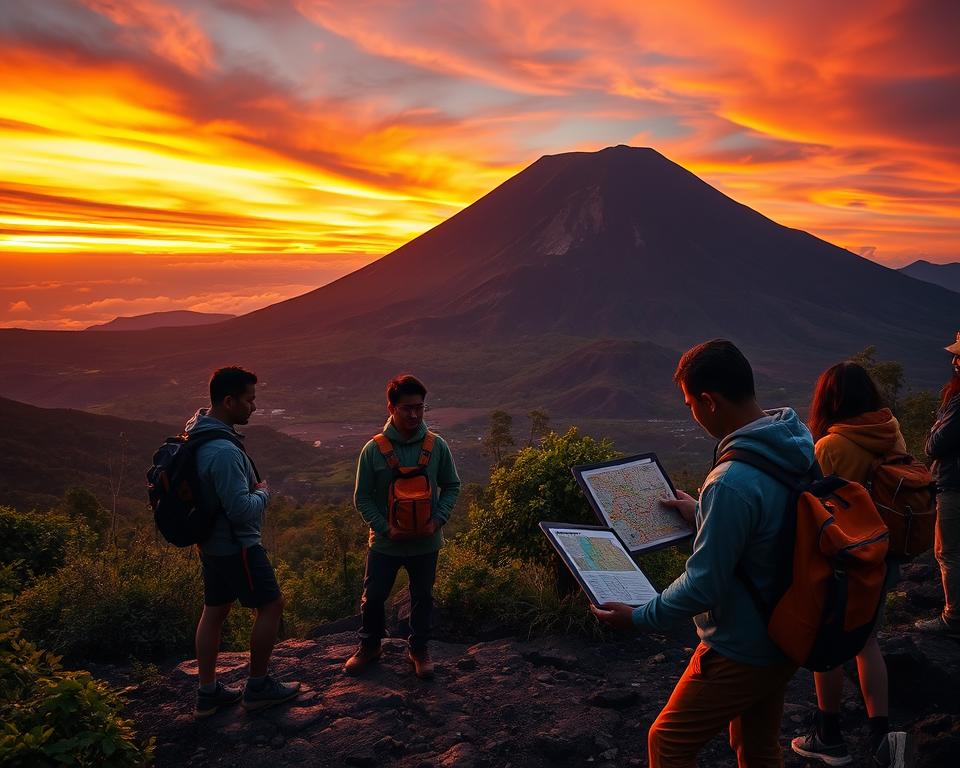 A dramatic view of an Indonesian volcano, such as Mount Merapi, majestically rising in the background against a vivid sunset sky filled with deep oranges and purples. In the foreground, a small group of people, dressed in professional outdoor attire, attentively reviewing safety instructions and geological maps on a portable tablet. The individuals are positioned on a rocky path, surrounded by lush greenery and volcanic rock formations, creating a sense of adventure. The atmosphere conveys a blend of awe and caution, emphasizing the importance of safety while exploring this breathtaking landscape. The lighting highlights the dynamic textures of the volcano and the surrounding environment, providing a clear, sharp focus on both the natural beauty and the safety aspect. A dramatic view of an Indonesian volcano, such as Mount Merapi, majestically rising in the background against a vivid sunset sky filled with deep oranges and purples. In the foreground, a small group of people, dressed in professional outdoor attire, attentively reviewing safety instructions and geological maps on a portable tablet. The individuals are positioned on a rocky path, surrounded by lush greenery and volcanic rock formations, creating a sense of adventure. The atmosphere conveys a blend of awe and caution, emphasizing the importance of safety while exploring this breathtaking landscape. The lighting highlights the dynamic textures of the volcano and the surrounding environment, providing a clear, sharp focus on both the natural beauty and the safety aspect.