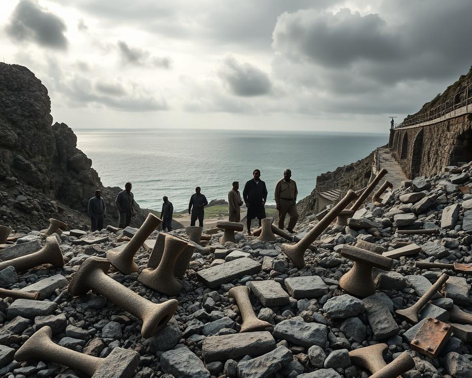 A dramatic view of the Steinbruch on Robben Island, capturing the rugged cliffs and industrial stone quarry. In the foreground, sturdy, worn stone tools scattered on the rocky ground, symbolizing the labor of prisoners. In the middle ground, a group of men in modest prison attire, focused on their work, embodying discipline and dignity, with expressions of determination. The background reveals the expansive ocean under a moody, overcast sky, enhancing the somber atmosphere. Soft, natural lighting filters through clouds, casting gentle shadows on the rocks. The composition should convey a sense of resilience and history, highlighting the struggle for human dignity amidst harsh conditions.