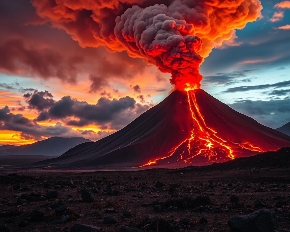 A dramatic volcanic eruption scene showcasing a majestic volcano in the foreground, belching thick, dark ash clouds into the fiery sky. Molten lava flows down its rugged slopes, glowing orange and red against the stark black rock. In the middle ground, observe a chaotic landscape with scattered boulders and charred vegetation, emphasizing the destructive force of nature. The background reveals a vibrant sunset, casting an eerie light on the smoke and ash, creating a sense of foreboding. Use a wide-angle lens perspective to capture the scale of the eruption, highlighting the intense pressure and energy released. The mood is both awe-inspiring and dangerous, illustrating the raw power of Earth’s geological activity. A dramatic volcanic eruption scene showcasing a majestic volcano in the foreground, belching thick, dark ash clouds into the fiery sky. Molten lava flows down its rugged slopes, glowing orange and red against the stark black rock. In the middle ground, observe a chaotic landscape with scattered boulders and charred vegetation, emphasizing the destructive force of nature. The background reveals a vibrant sunset, casting an eerie light on the smoke and ash, creating a sense of foreboding. Use a wide-angle lens perspective to capture the scale of the eruption, highlighting the intense pressure and energy released. The mood is both awe-inspiring and dangerous, illustrating the raw power of Earth’s geological activity.
