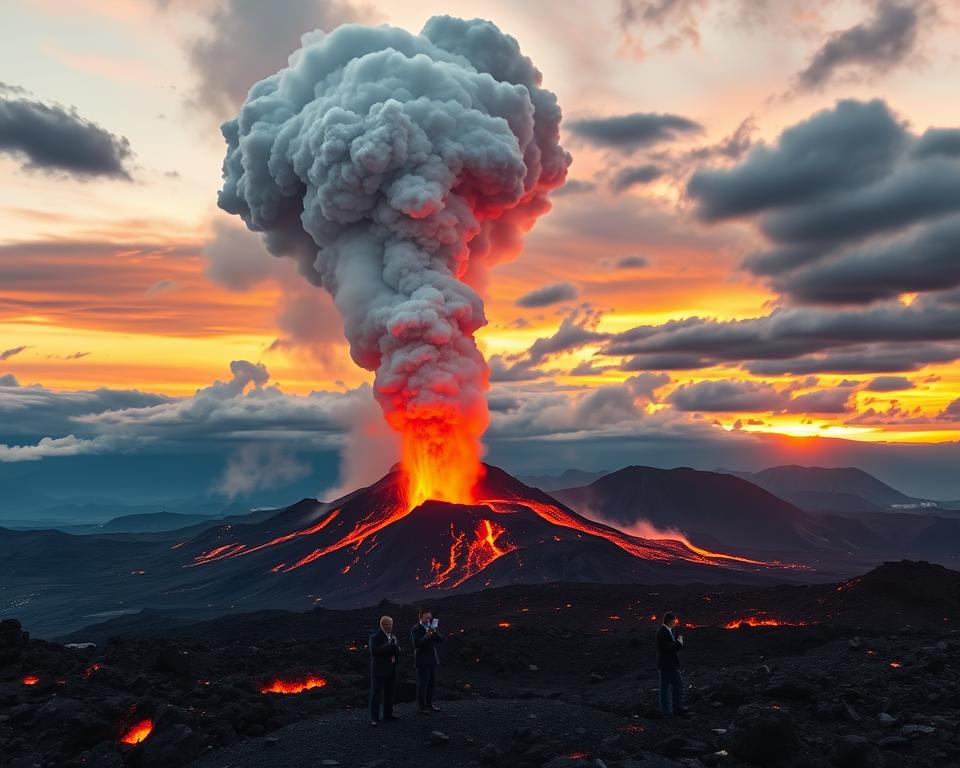 A dramatic volcanic eruption, showcasing a towering cloud of ash and smoke billowing into a fiery orange sky. In the foreground, a rugged landscape dotted with glowing lava fountains bursts forth from the volcano’s mouth, casting a warm glow on the black basalt rocks. In the middle ground, a small group of scientists in professional attire observes the eruption, taking notes on their devices. The background features distant mountains silhouetted against the vibrant sunset, while dark clouds gather for an impending storm, enhancing the tension of the scene. The lighting should focus on the contrast between the bright eruption and the darkening surroundings, evoking a sense of awe and power. The atmosphere is tense yet awe-inspiring, capturing the raw energy of nature. A dramatic volcanic eruption, showcasing a towering cloud of ash and smoke billowing into a fiery orange sky. In the foreground, a rugged landscape dotted with glowing lava fountains bursts forth from the volcano’s mouth, casting a warm glow on the black basalt rocks. In the middle ground, a small group of scientists in professional attire observes the eruption, taking notes on their devices. The background features distant mountains silhouetted against the vibrant sunset, while dark clouds gather for an impending storm, enhancing the tension of the scene. The lighting should focus on the contrast between the bright eruption and the darkening surroundings, evoking a sense of awe and power. The atmosphere is tense yet awe-inspiring, capturing the raw energy of nature.