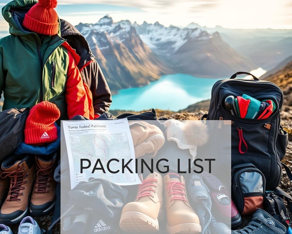 A dynamic and well-organized packing list for Patagonia, featuring essential hiking gear. In the foreground, display various outdoor clothing items like waterproof jackets, thermal layers, sturdy hiking boots, and a warm beanie, neatly arranged. The middle ground includes a multi-day backpack with pockets open, revealing a map of Torres del Paine National Park and climbing gear. In the background, a breathtaking view of rugged mountains and turquoise lakes, bathed in soft, natural lighting that suggests early morning or late afternoon, creates an adventurous and inviting atmosphere. Use a wide-angle lens to capture the entire scene, emphasizing the beauty of nature and the importance of well-planned gear for trekking.