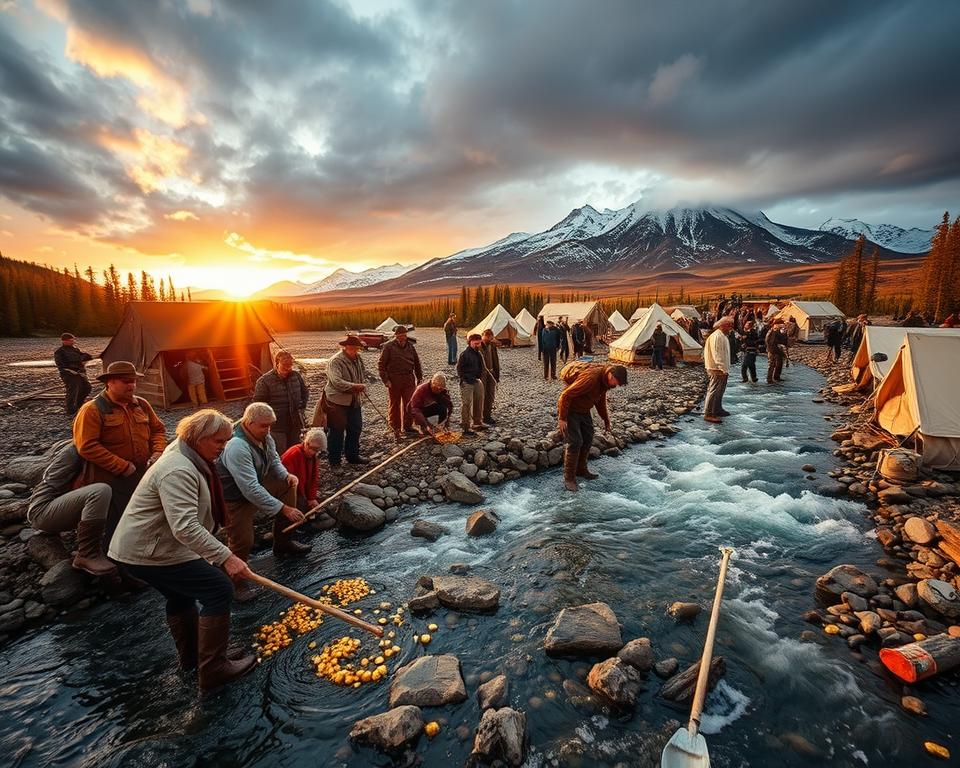 A dynamic scene capturing the Klondike Gold Rush's influence on popular culture. In the foreground, a diverse group of adventurers dressed in practical attire, such as rugged jackets and sturdy boots, eagerly pan for gold in a flowing river. In the middle ground, a vibrant camp bustling with miners, tents, and period-appropriate artifacts, showcasing newspaper headlines about gold discoveries. The background features majestic snow-capped mountains under a dramatic sunset, casting a warm golden light over the landscape. The atmosphere conveys excitement and hope, evoking a sense of adventure and nostalgia. Use a wide-angle lens to emphasize the vastness of the surroundings and capture the essence of the era.