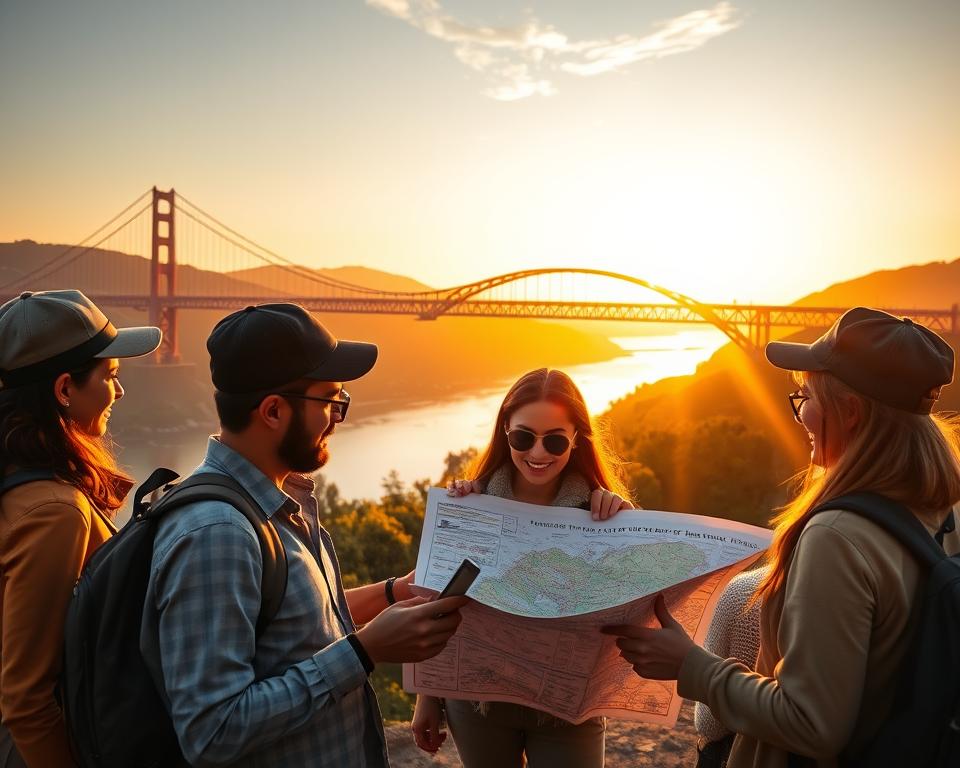 A dynamic travel scene set in a picturesque landscape featuring famous bridges from around the world. In the foreground, a diverse group of travelers, dressed in casual yet practical attire, study a detailed map and tablet, discussing their upcoming bridge tour. The middle ground showcases an iconic arch bridge illuminated by the golden light of a setting sun, casting long shadows. In the background, lush green hills and a serene river enhance the natural beauty. Soft, warm lighting creates a dreamy atmosphere, emphasizing adventure and exploration. The angle is slightly elevated, offering a panoramic view of both the group and the magnificent bridges, inviting viewers to feel the excitement of planning their journey.