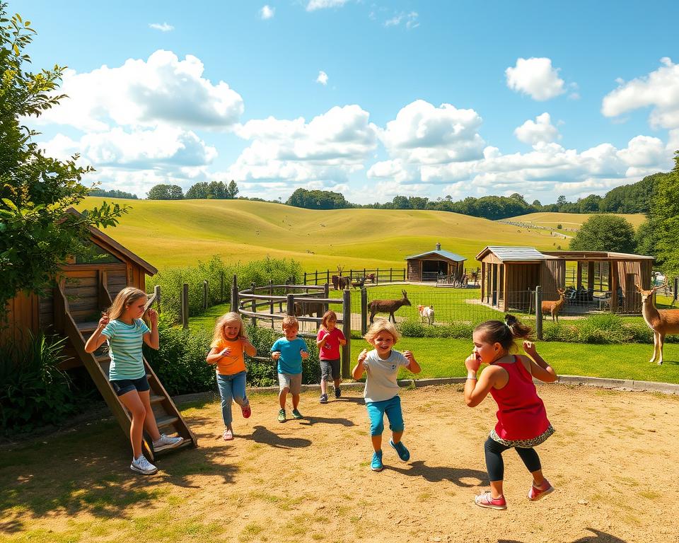 A family adventure scene at Wildtierpark Tripsdrill, focusing on children enjoying a vibrant playground surrounded by lush greenery. In the foreground, a group of excited kids, wearing colorful casual clothing, play on swings and climbing structures made of natural wood. The middle ground showcases various animal enclosures with friendly animals, such as deer and birds, interacting with their environment. In the background, gentle rolling hills and a bright sky filled with fluffy white clouds create a cheerful atmosphere. The lighting is warm and inviting, suggesting a sunny afternoon. The composition captures a sense of joy and exploration, emphasizing family comfort in a natural setting with ample play areas and discovery paths. A family adventure scene at Wildtierpark Tripsdrill, focusing on children enjoying a vibrant playground surrounded by lush greenery. In the foreground, a group of excited kids, wearing colorful casual clothing, play on swings and climbing structures made of natural wood. The middle ground showcases various animal enclosures with friendly animals, such as deer and birds, interacting with their environment. In the background, gentle rolling hills and a bright sky filled with fluffy white clouds create a cheerful atmosphere. The lighting is warm and inviting, suggesting a sunny afternoon. The composition captures a sense of joy and exploration, emphasizing family comfort in a natural setting with ample play areas and discovery paths.