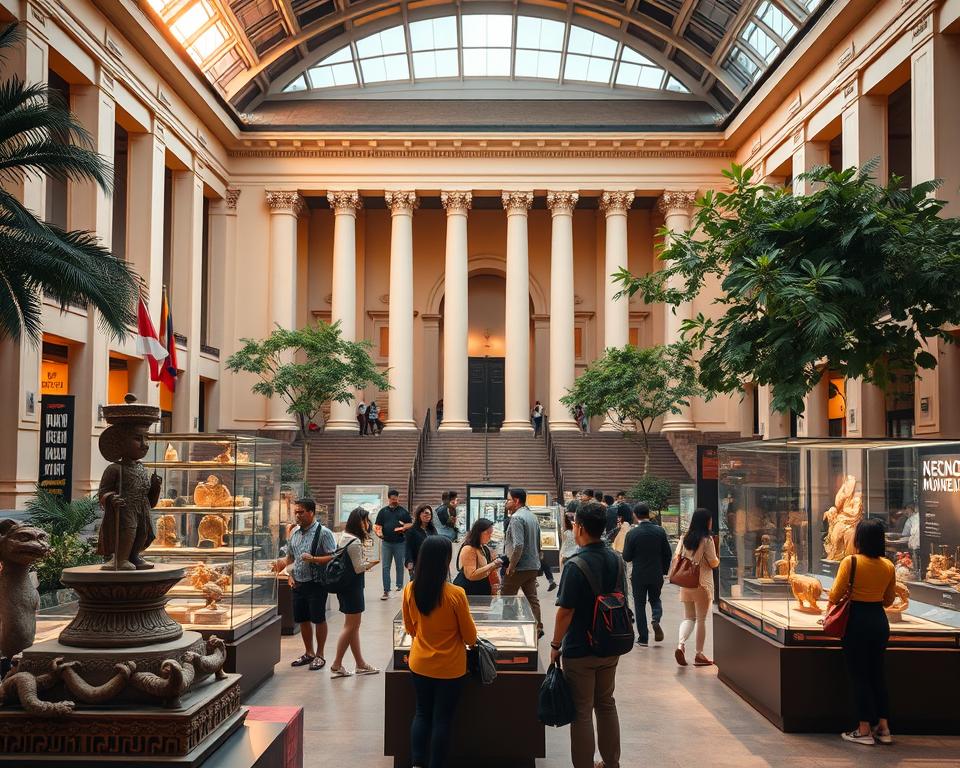 A grand view of the National Museum of Indonesia, elegantly showcasing its stunning architecture. In the foreground, intricate sculptures and artifacts representing Indonesia's rich cultural heritage are displayed, softly illuminated by warm, natural light filtering through the museum's large windows. The middle ground features visitors, dressed in smart casual attire, admiring the exhibits and engaging with interactive displays. The background highlights the museum's distinctive façade, characterized by classical columns and lush surrounding greenery. The scene is captured in a slightly elevated angle, conveying a sense of wonder and awe, with a focus on creating a welcoming and educational atmosphere. The lighting enhances the colors of the artifacts, inviting viewers into the world of Indonesia's cultural treasures.