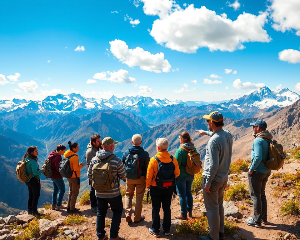 A guided tour through the majestic high mountains of South America, showcasing a professional group of tourists in modest casual clothing, exploring a rugged alpine landscape. In the foreground, a diverse group of adventurers is gathered around a knowledgeable guide, who is pointing towards a stunning vista of snow-capped peaks and deep valleys. The middle ground features rocky trails and patches of vibrant wildflowers, while the distant background displays soaring mountains under a bright blue sky dotted with fluffy white clouds. The lighting is warm and golden, suggesting early morning or late afternoon, enhancing the sense of adventure and discovery. The overall atmosphere is one of awe and exploration, inviting viewers to appreciate the beauty and challenge of high-altitude trekking.