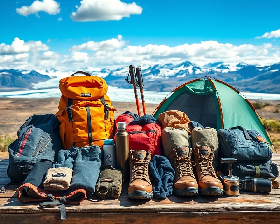 A highly detailed and organized packing list for a Patagonia trip, creatively displayed on a rustic wooden table. In the foreground, there are essential items like a durable backpack, a waterproof jacket, insulated thermos, hiking boots, and layered clothing, neatly arranged. The middle ground features trekking poles and a lightweight tent, showcasing the essential gear against a backdrop of scenic mountains. In the background, the iconic Glaciar Perito Moreno can be seen under a bright blue sky with fluffy clouds, emphasizing the stunning Patagonian landscape. The lighting is natural and bright, highlighting the textures of the gear and clothing. The atmosphere is adventurous and inviting, perfect for outdoor enthusiasts and photographers.