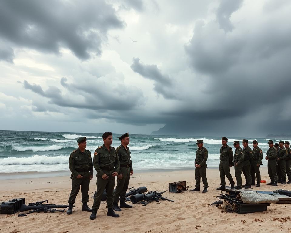 A historical depiction of the Bay of Pigs, Cuba, illustrating a pivotal moment in the failed invasion. In the foreground, a group of well-dressed soldiers in professional military attire, appearing contemplative and solemn, stands on a sandy beach littered with abandoned equipment. In the middle ground, the tumultuous ocean reflects a dramatic sky, with dark clouds suggesting impending stormy weather, symbolizing chaos and uncertainty. In the background, the rugged Cuban coastline is visible, shrouded in mist, evoking an atmosphere of tension and conflict. The scene is illuminated by a moody, overcast light that enhances the sense of foreboding, captured from a low-angle perspective to emphasize the soldiers’ expressions and the dramatic environment.